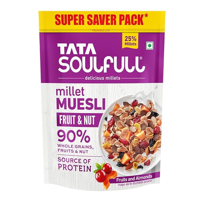 Muesli - Tata Soulfull Millet Muesli | Fruit & Nut | With 25% Crunchy Millets | 90% Whole Grains | Source of Protein | 700 g